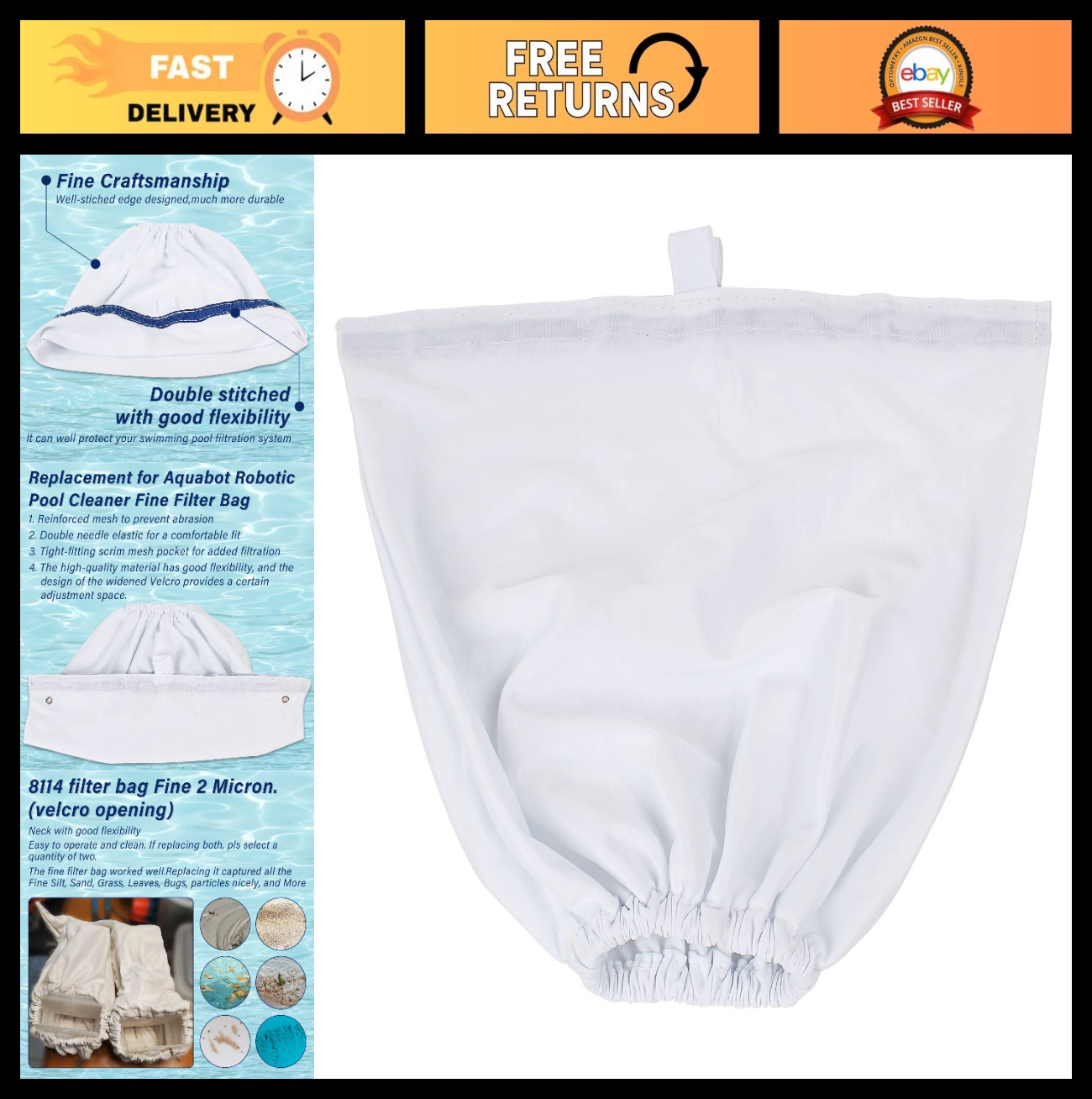 Fine Filter Bag Replacement for Pool Cleaners – Fits Aquabot S-2-40, S2-50, Pura