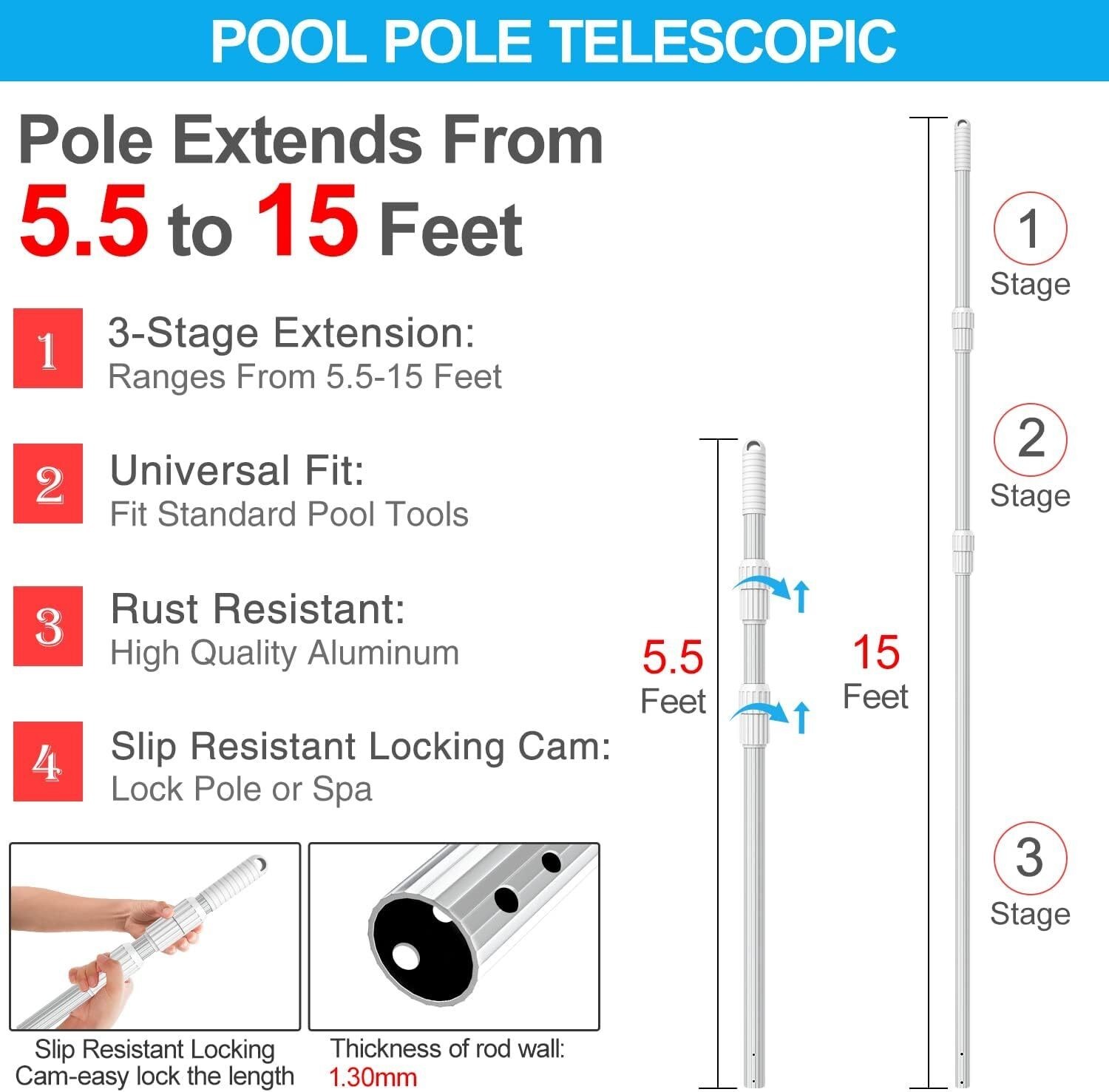 Professional 15 Foot Swimming Pool Pole Telescopic Aluminum for Skimmer Nets US