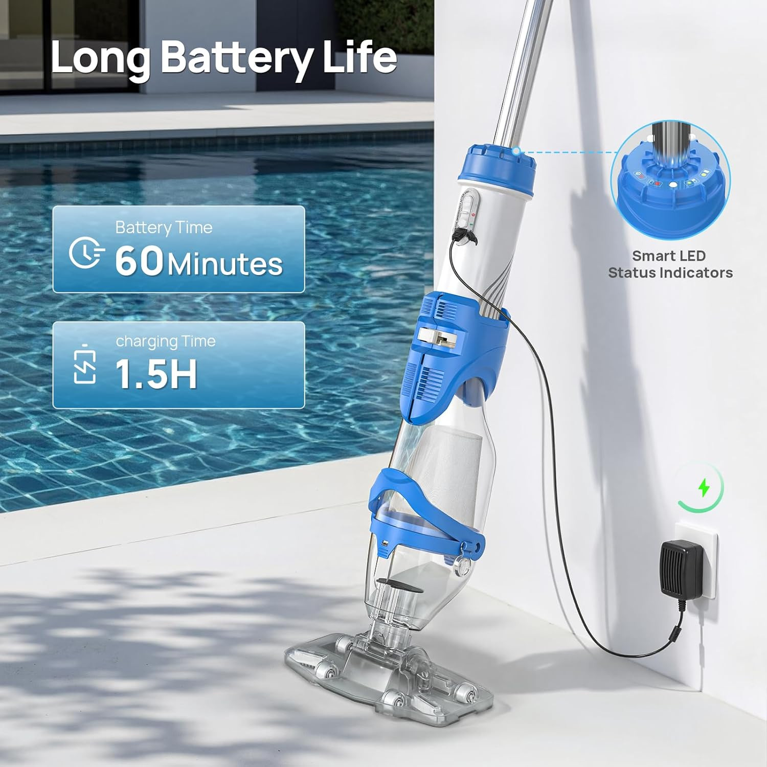 Pool Vacuum for above Ground & Inground Pool, 22 GPM Suction Handheld Cleaner wi