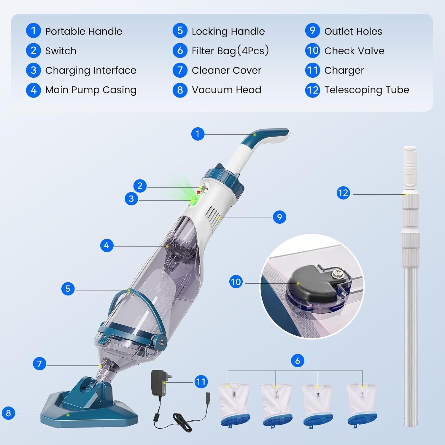 Lightweight Cordless Pool Vacuum with 5 Reusable Filter Bags for Easy Cleaning