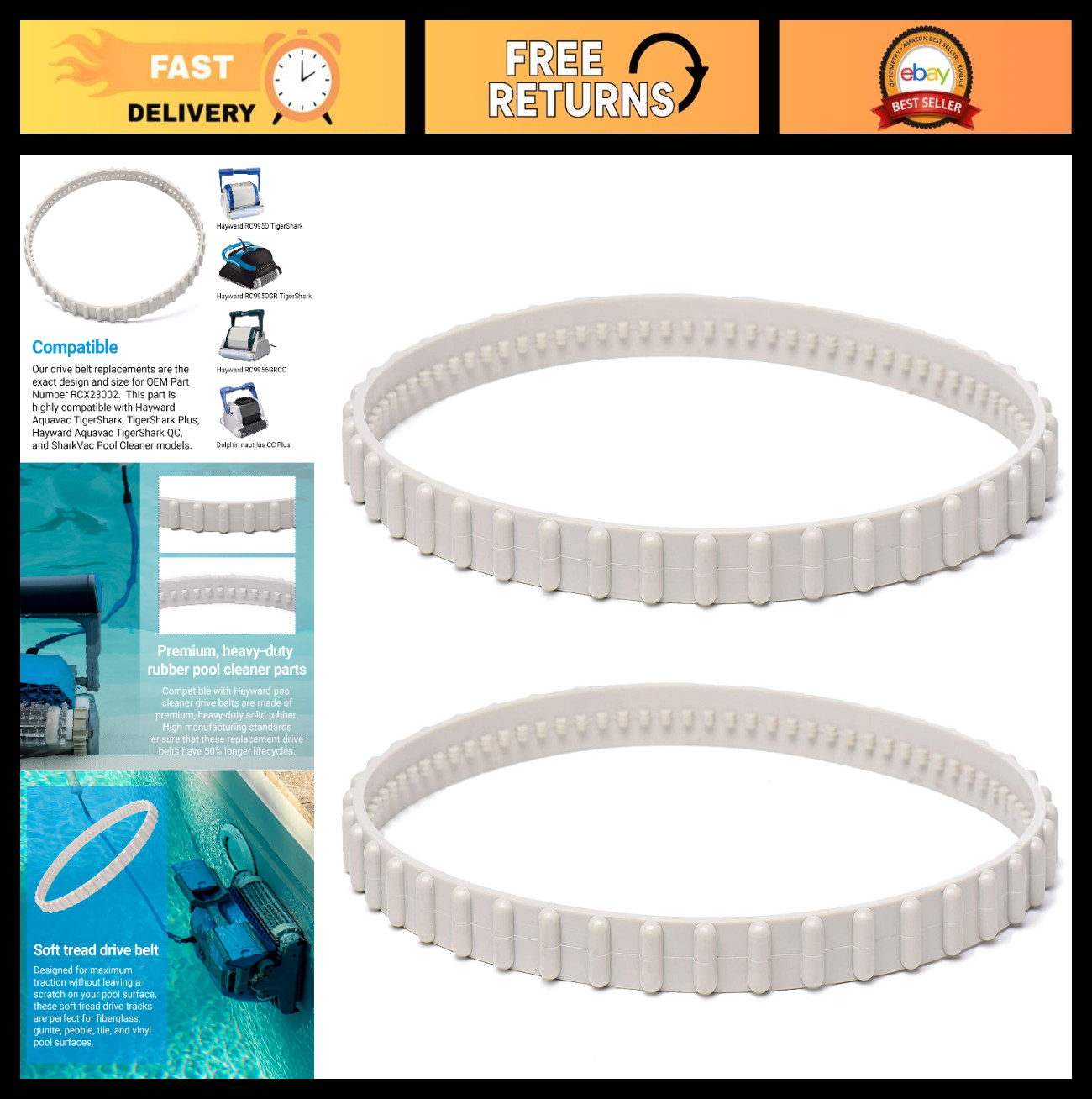 2 Pack Soft Tread Drive Belt – Heavy-Duty Rubber Replacement Parts for Pool Clea