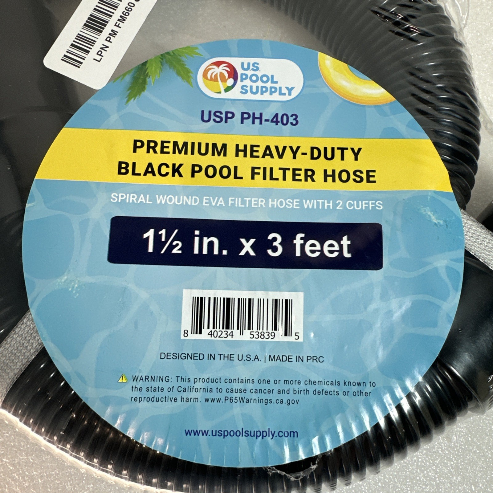 3 Foot Heavy-Duty Pool Hose, 1.5&Prime; – Black Filter Hose US Pool Supply USP PH-403