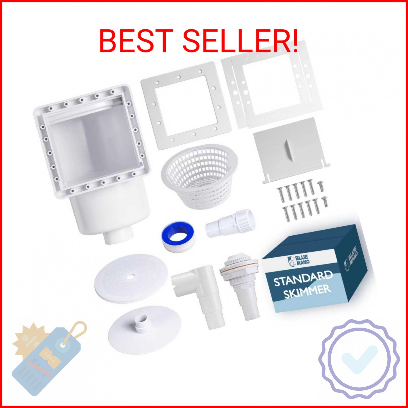 Blue Mano Standard Above Ground Pool Skimmer Complete Kit, Replacement for SP109