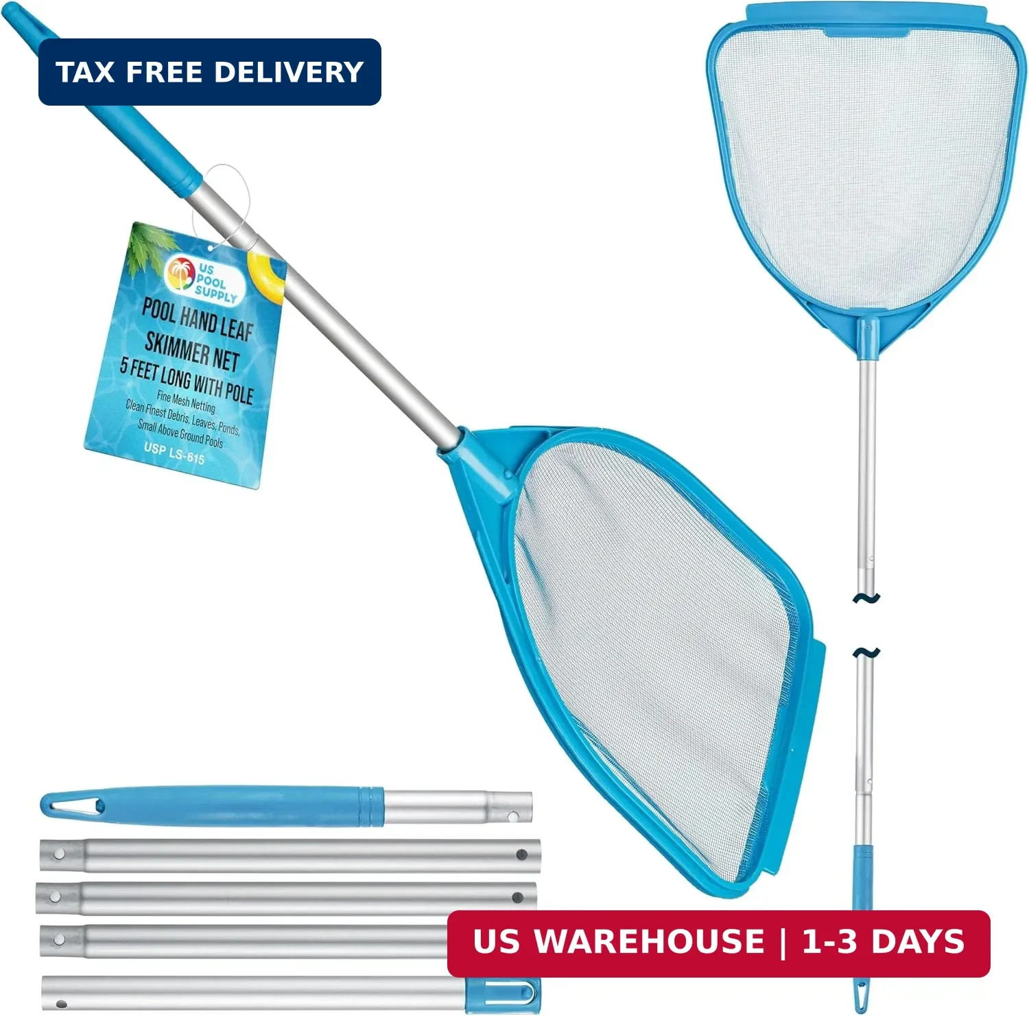 U.S. Pool Supply Pool and Spa Skimmer Net with Pole, Handheld Fine Mesh Pool Ski