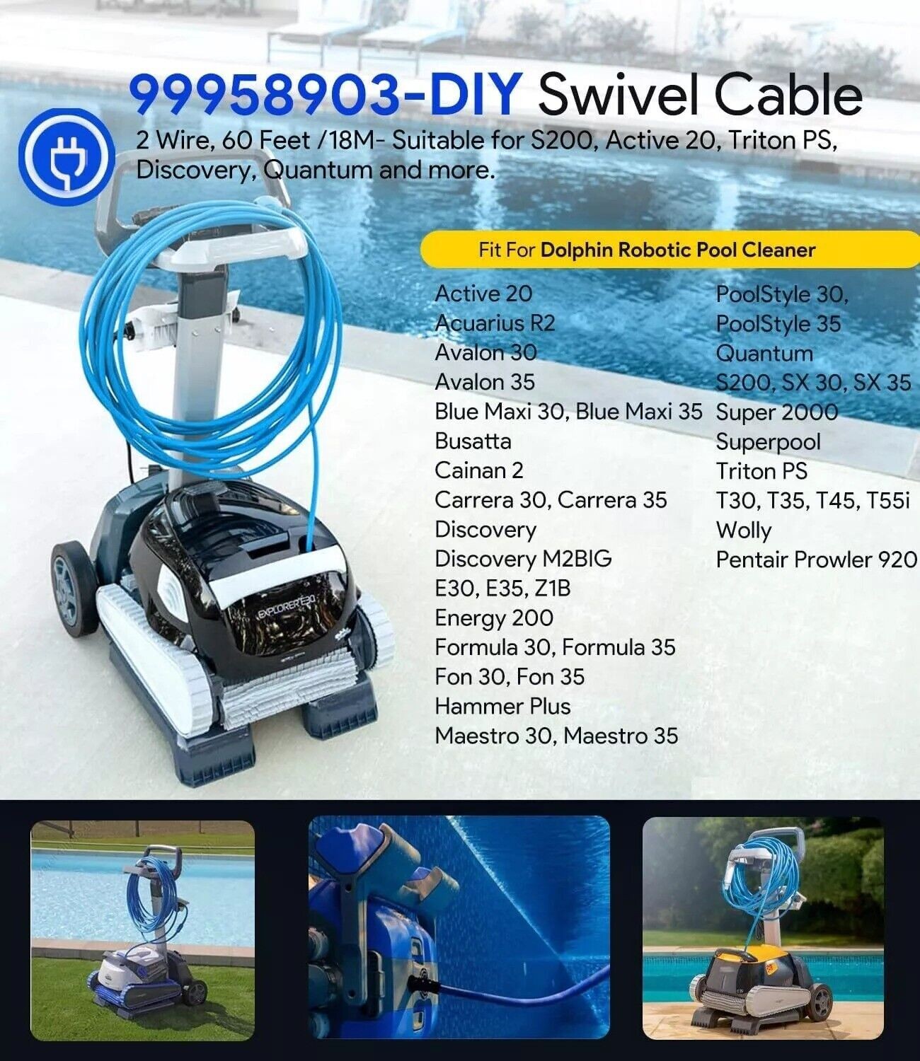 For Dolphin Pool Cleaner 99958903-DIY Cable Cord 2-Wire 60FT Triton PS PoolStyle