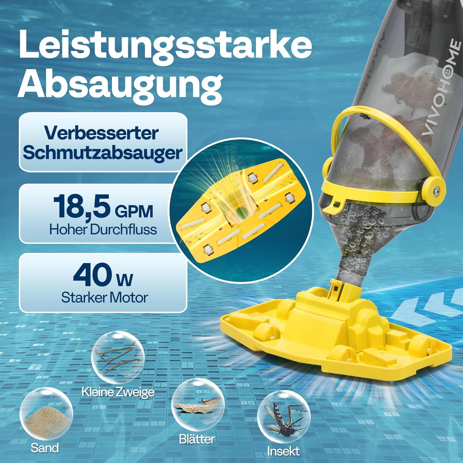 Cordless Pool Vacuum with Telescopic Pole, Powerful Suction up to 18.5 GPM, 60 M