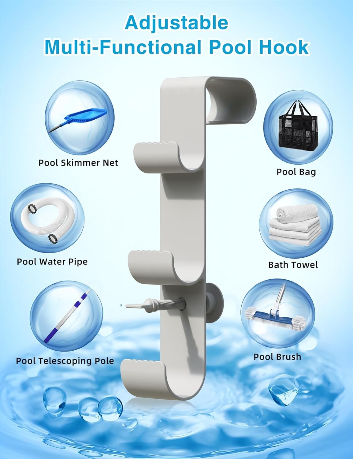 Adjustable Pool Hook for Poles – 3-Hook Pool Accessories Organizer