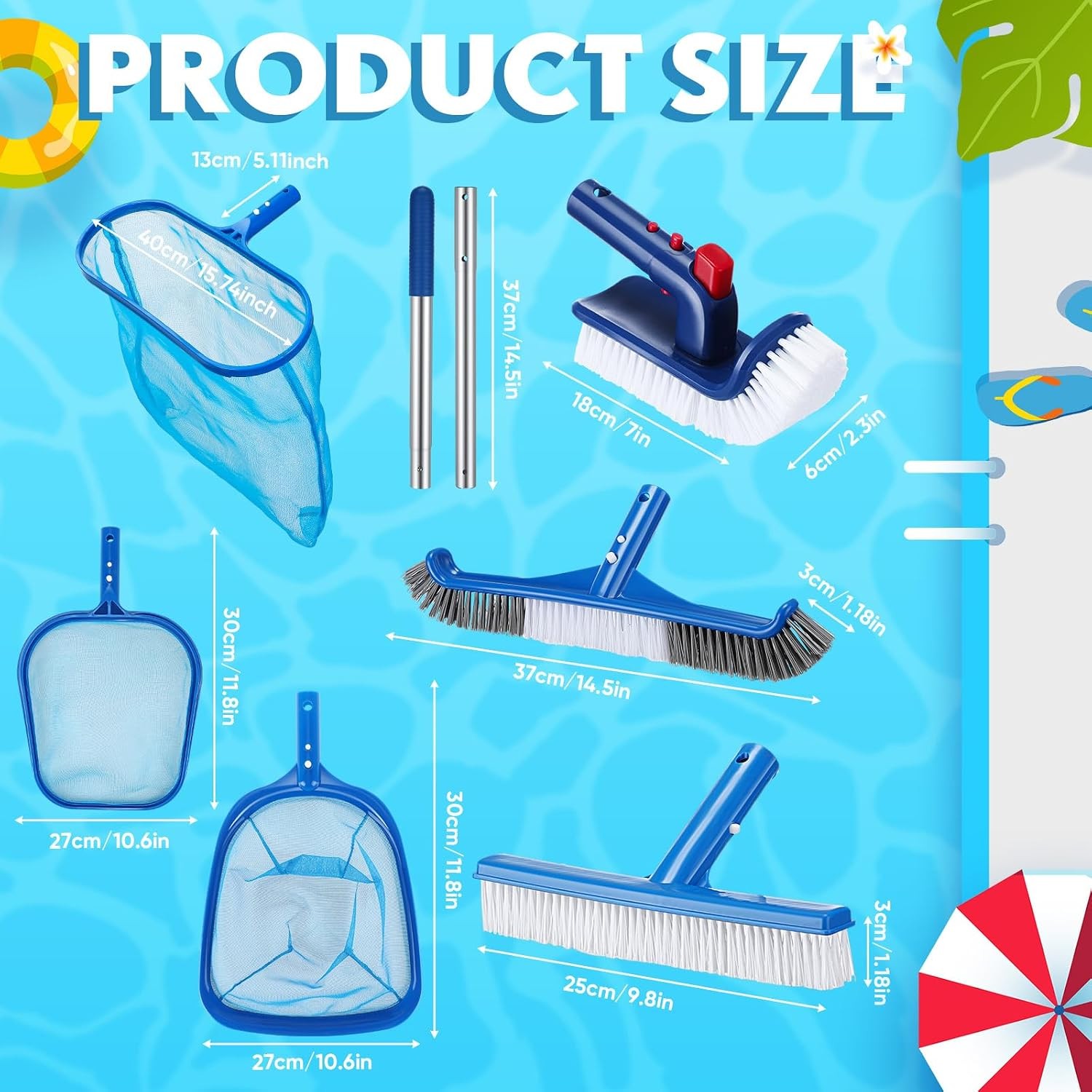 FillTouch Pool Cleaning Kit: 3 Skimmer Nets, 3 Brushes, Pole
