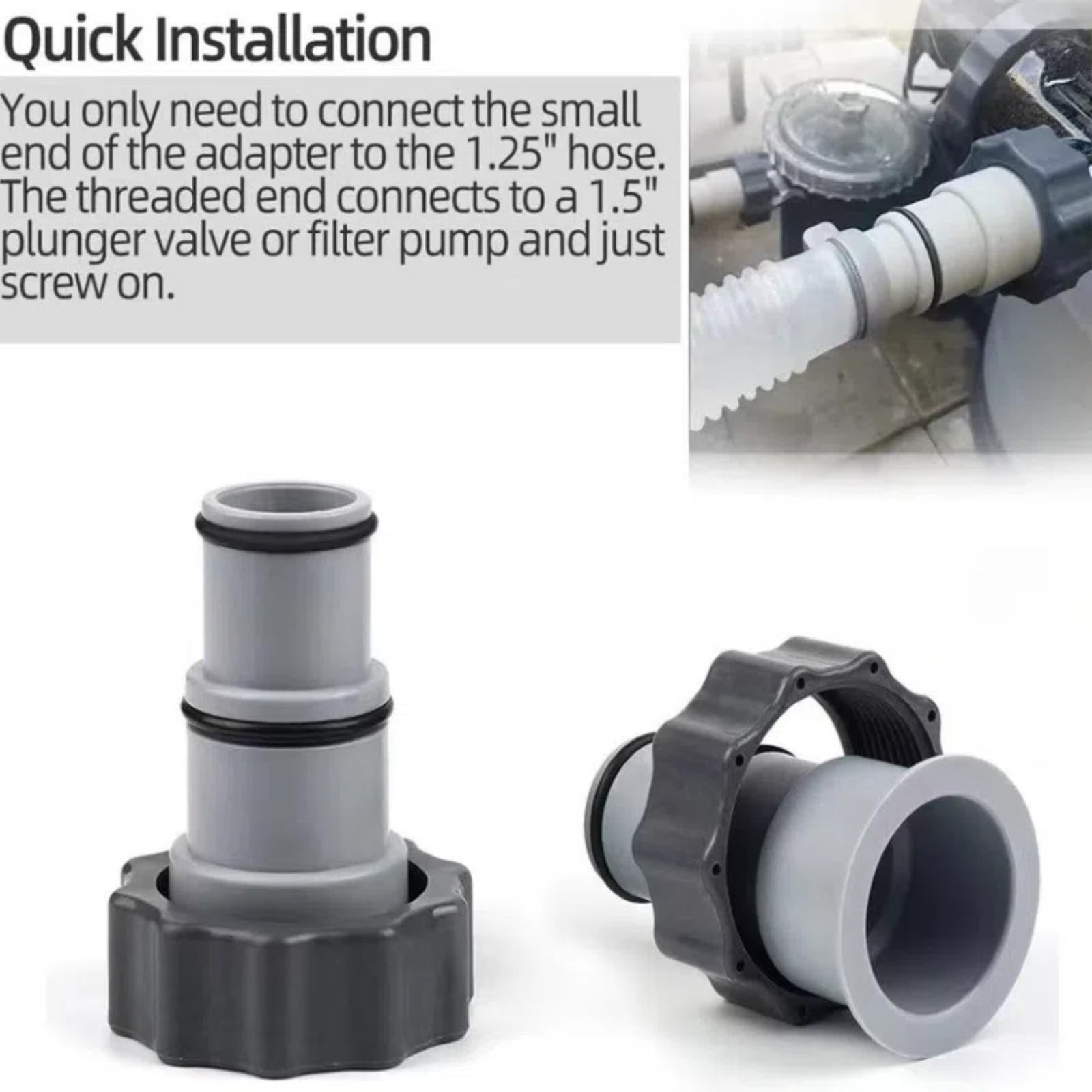 1.25&Prime; to 1.5&Prime; Type A Hose Adapter w/Collar for Threaded Connection Pumps Gray