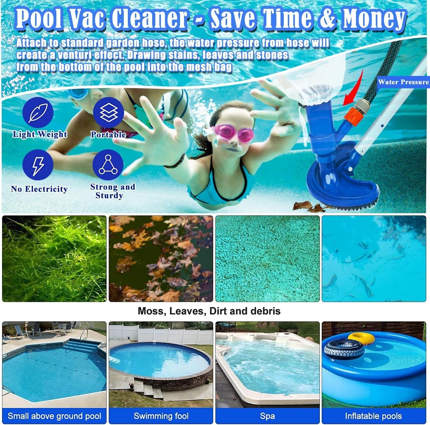 Portable Pool Vacuum Cleaner Kit with Telescopic Aluminium Pole & Fine Mesh L…