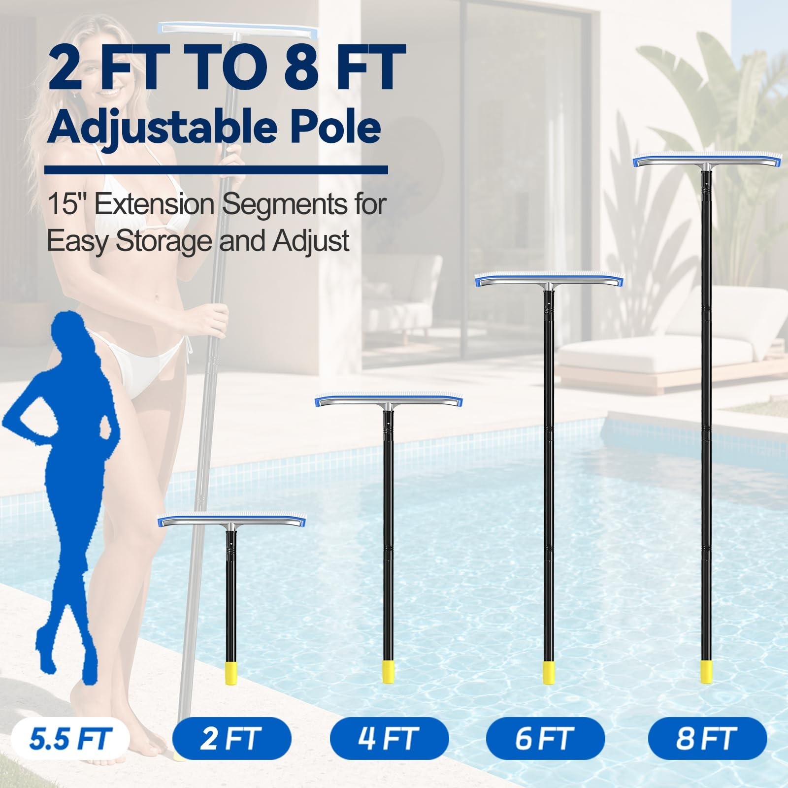 8ft Pool Brush with Pole – 18&Prime; Nylon Bristle Scrubber for Above/Inground Pools