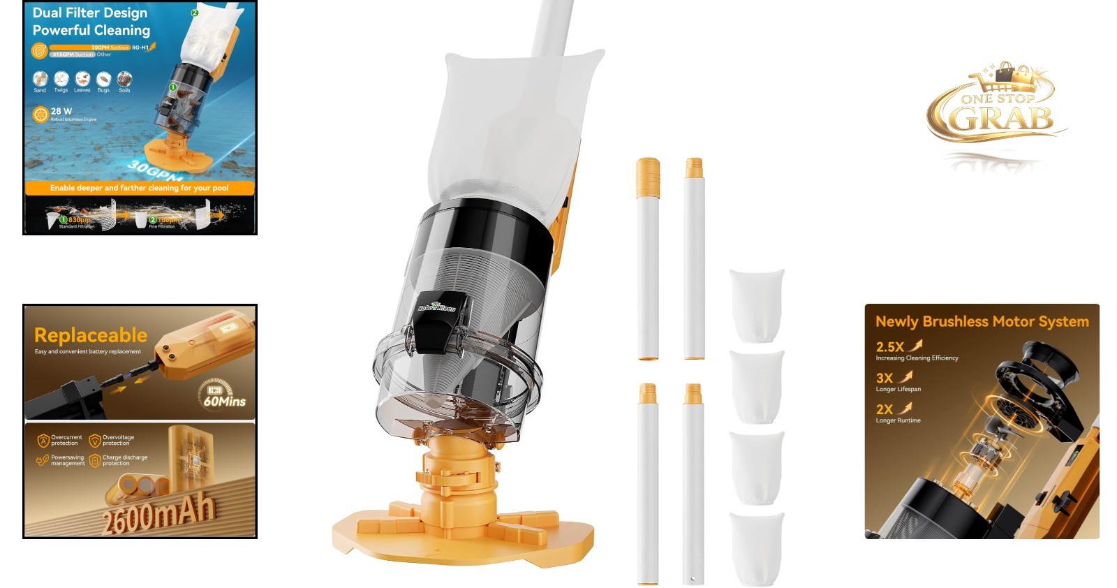 Cordless Pool Vacuum Handheld with Telescopic Pole 30 GPM Suction Rechargeabl…