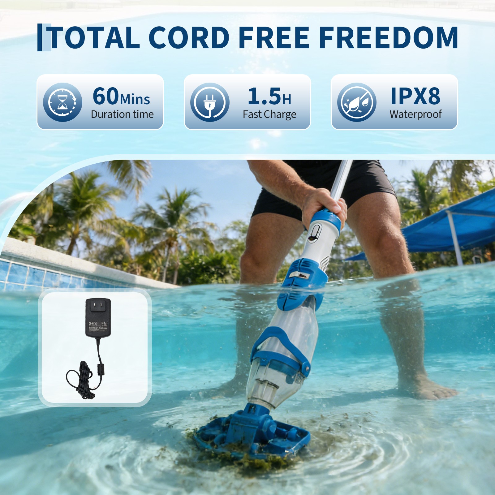 Garvee Handheld Pool Vacuum 1110GPH Cordless Telescopic Pole Above Ground Pool