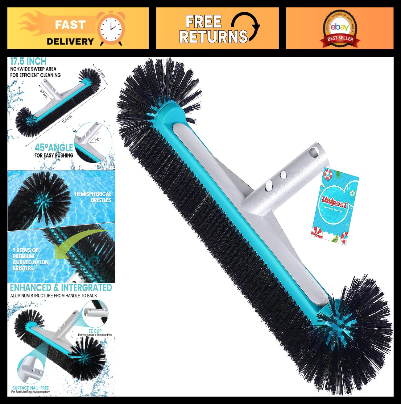 Heavy Duty 17.5&Prime; Pool Brush Head – Aluminum, Nylon Bristles for Walls & Floors