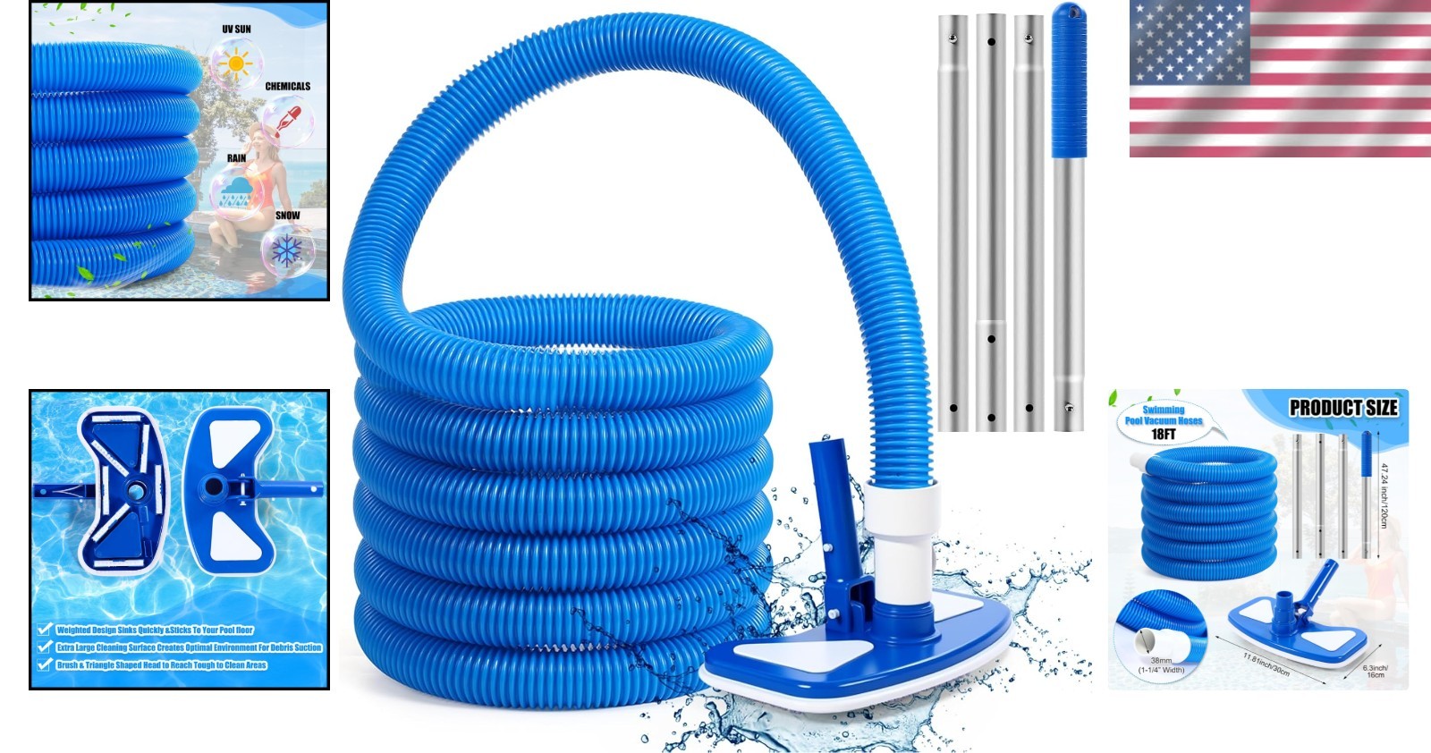 3-Piece Pool Vacuum Kit with Adjustable Pole & 18ft Hose – Clean Effortlessly