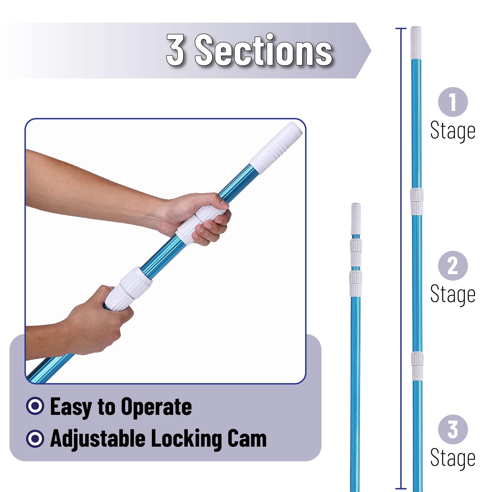Telescopic Pool Pole 12ft Adjustable 3Piece Cleaning Brush Tool