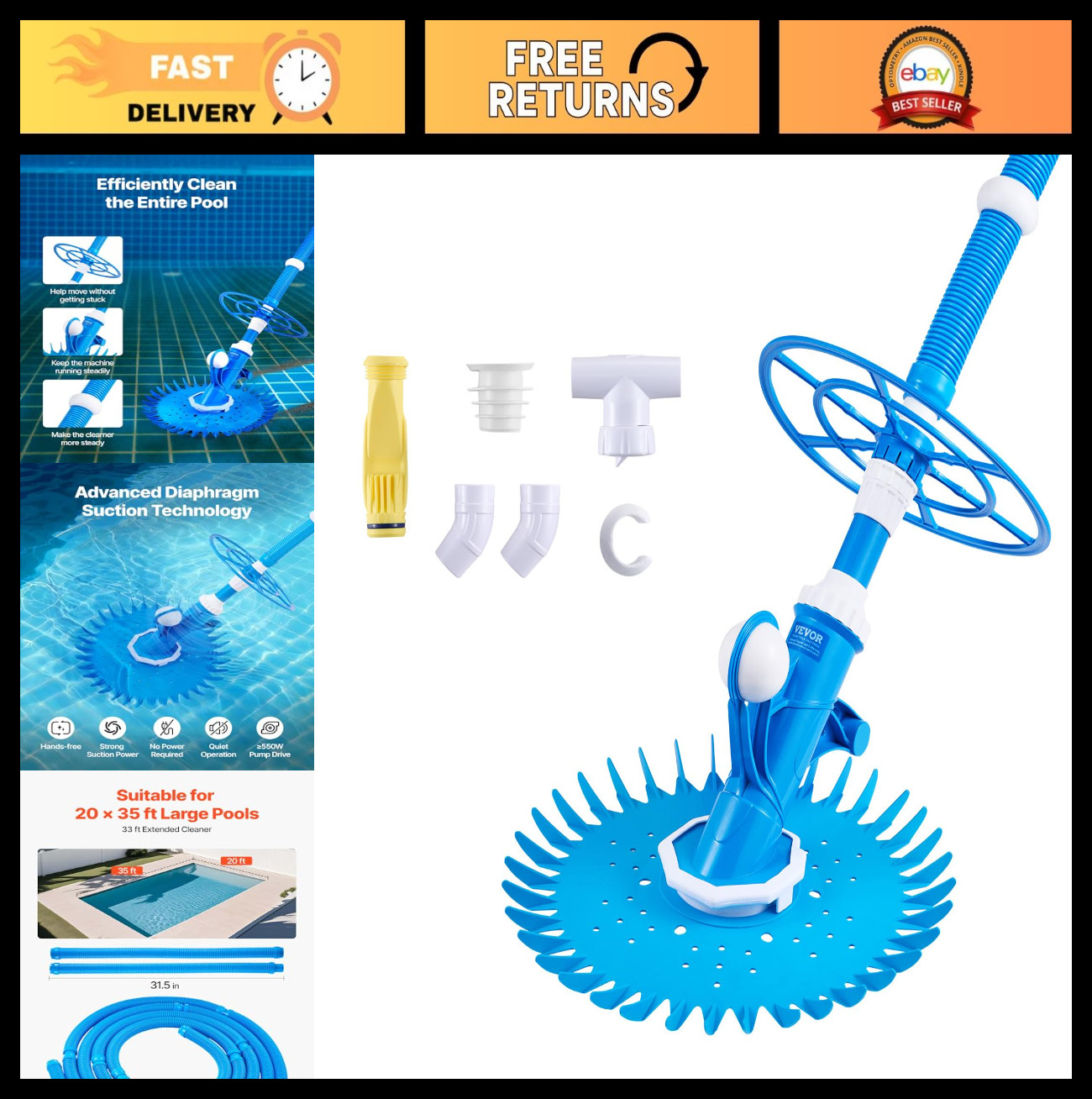 Automatic Suction Pool Cleaner – In-Ground & Above-Ground Vacuum Sweeper, 12 Hos