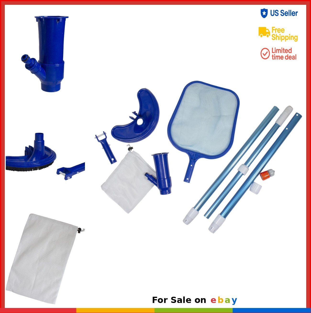 Pool Vacuum Kit 4 Piece Skimmer Head Filter Bag Leaf Dirt Cleaning Wide Mouth