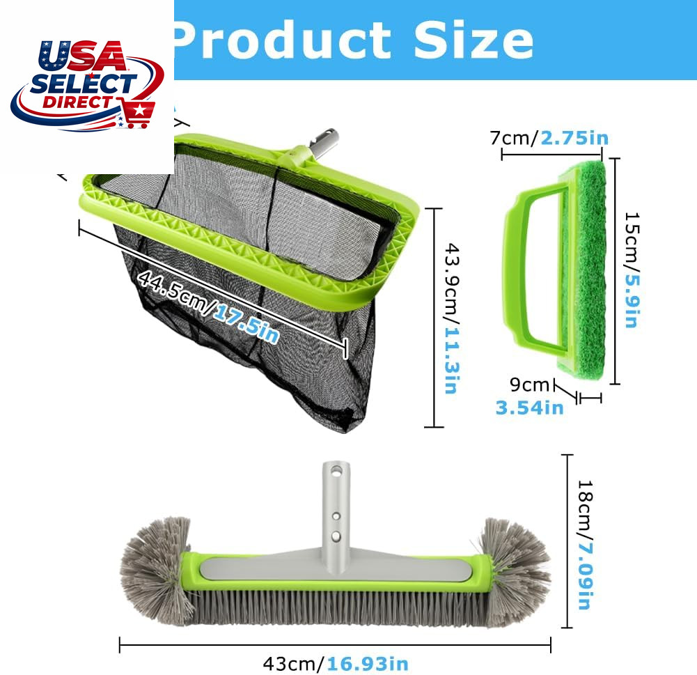 Swimming Pool Cleaning Kit with Leaf Skimmer, Brush, and Net
