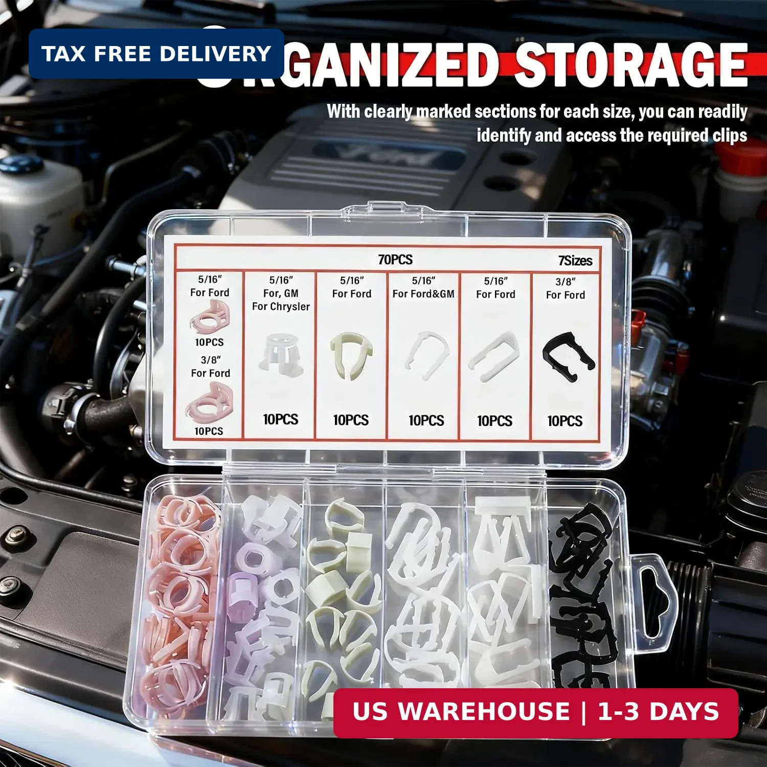 70PCS Fuel Line Clips Replacement Kit,7 Size Includes 5/16&Prime; & 3/8&Prime; Fuel Line Cla