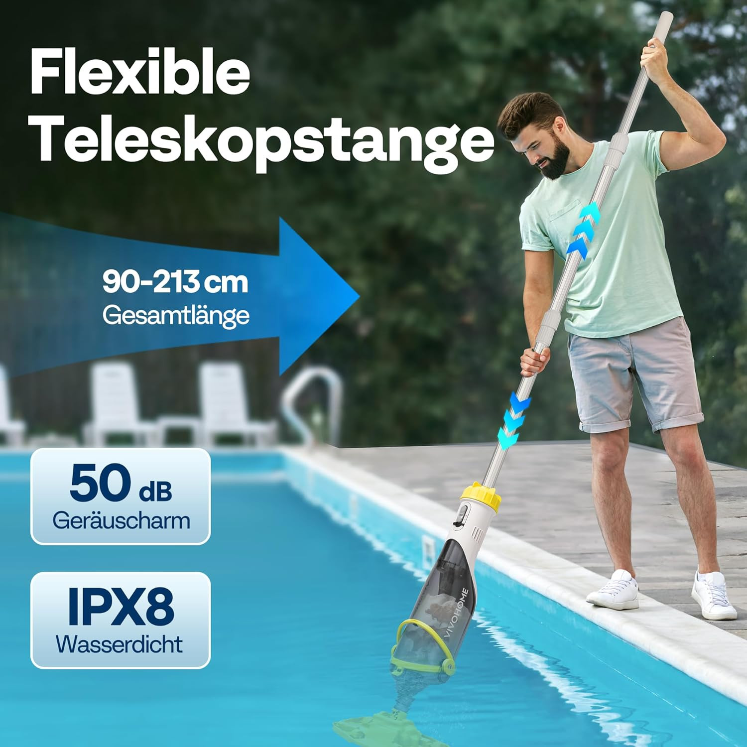 Cordless Pool Vacuum with Telescopic Pole, Powerful Suction up to 18.5 GPM, 60 M