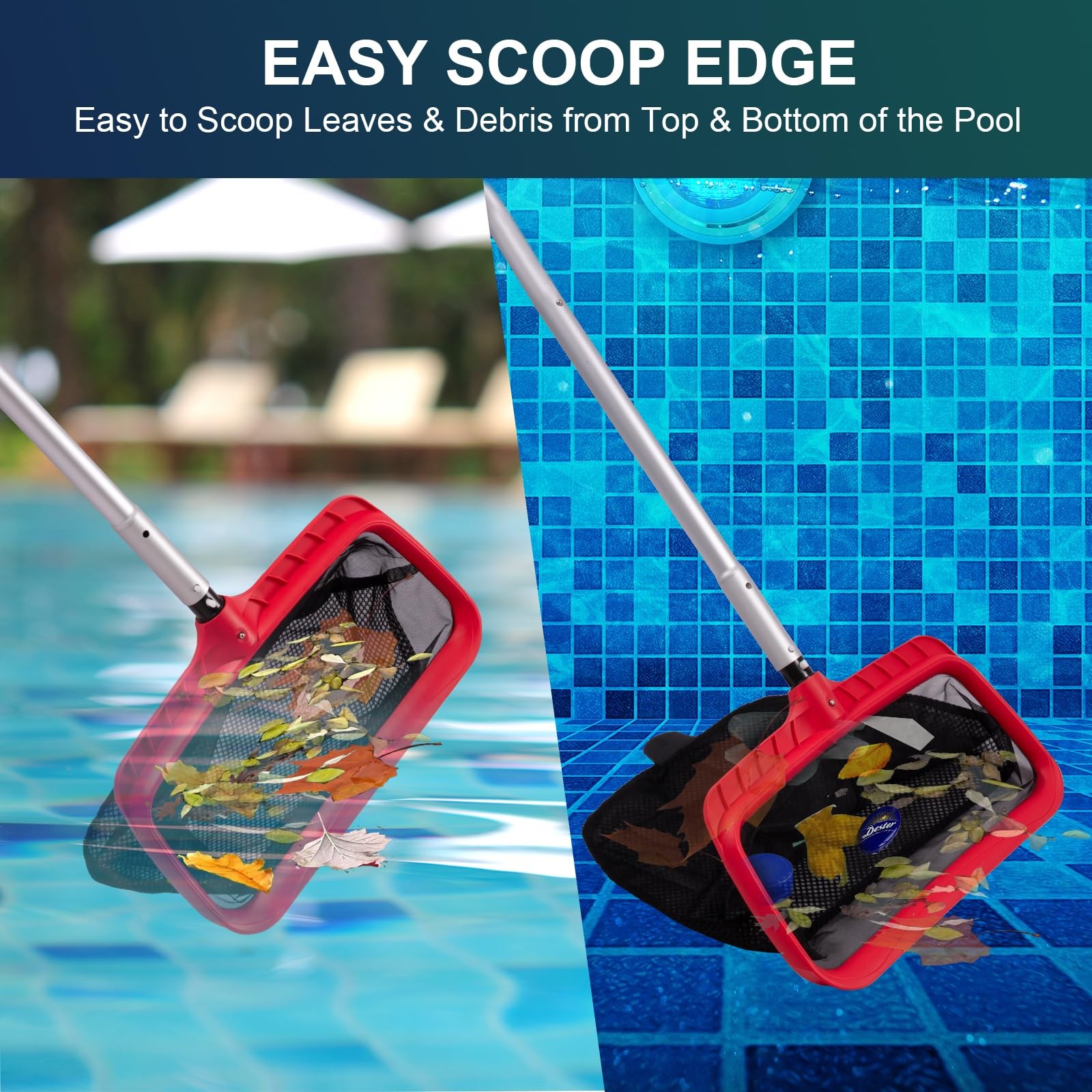 Pool Skimmer Net, Upgraded Pool Net Skimmer with Double-Layer Netting Bag, Pool
