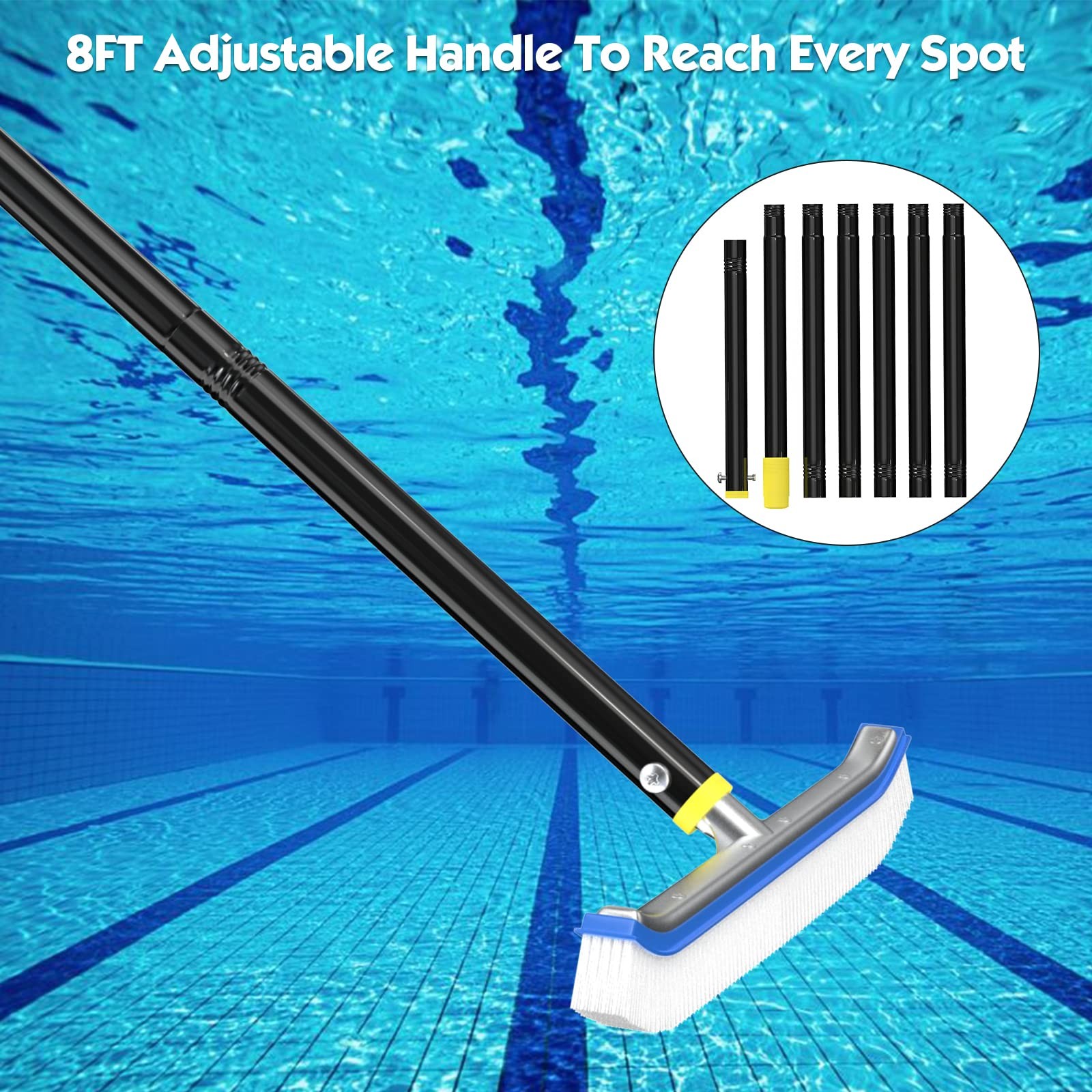 8FT Pool Brush with Adjustable Pole, 18&Prime; Nylon Bristles for Wall & Floor