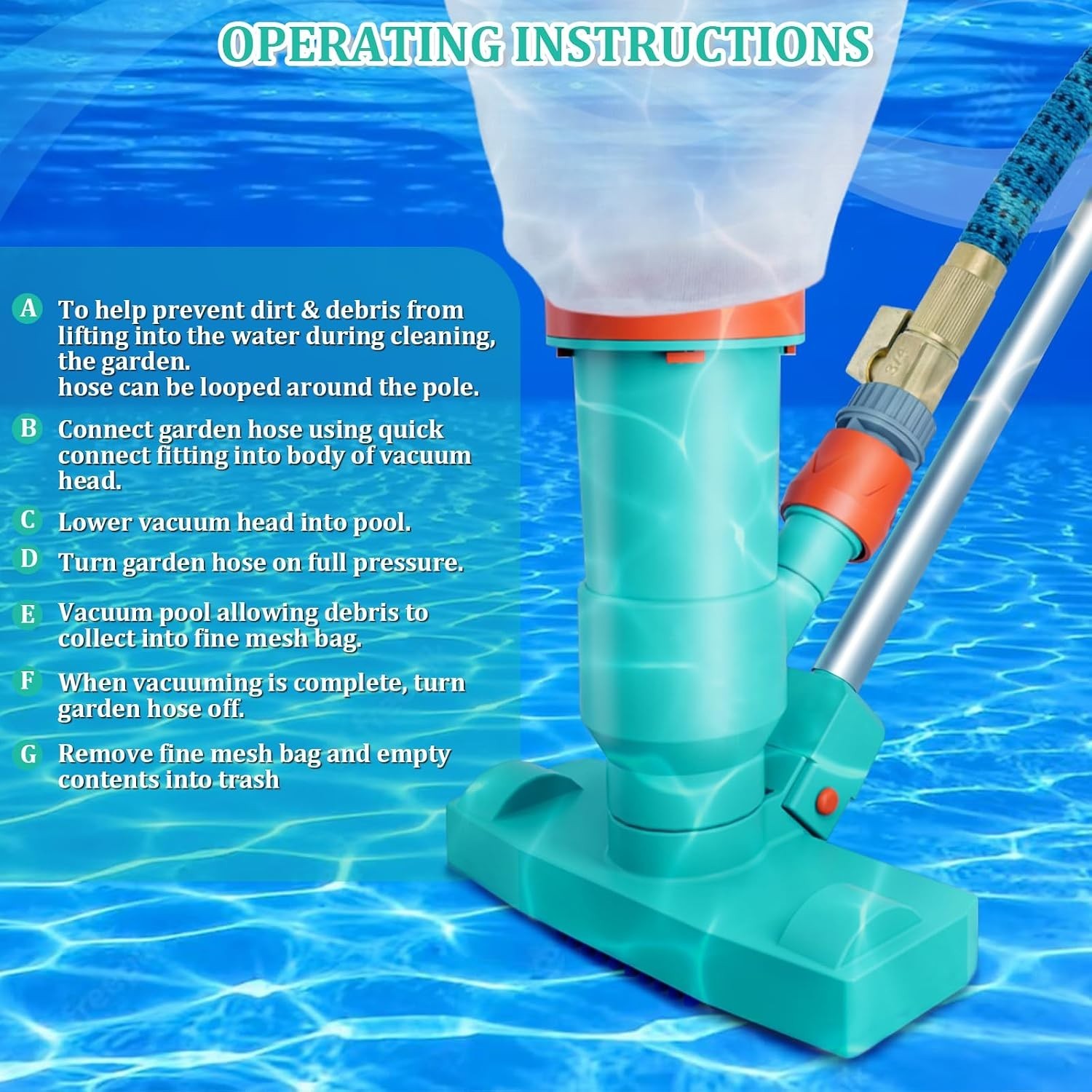 Manual Pool Vacuum Cleaner with 3 Brushes and Telescopic Pole for Fast Cleaning