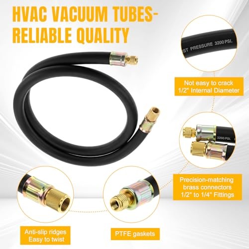 HVAC Refrigerant Charging Vacuum Hose, 6 ft, 800 Psi 1/2&Prime; to 1/4&Prime; Fittings