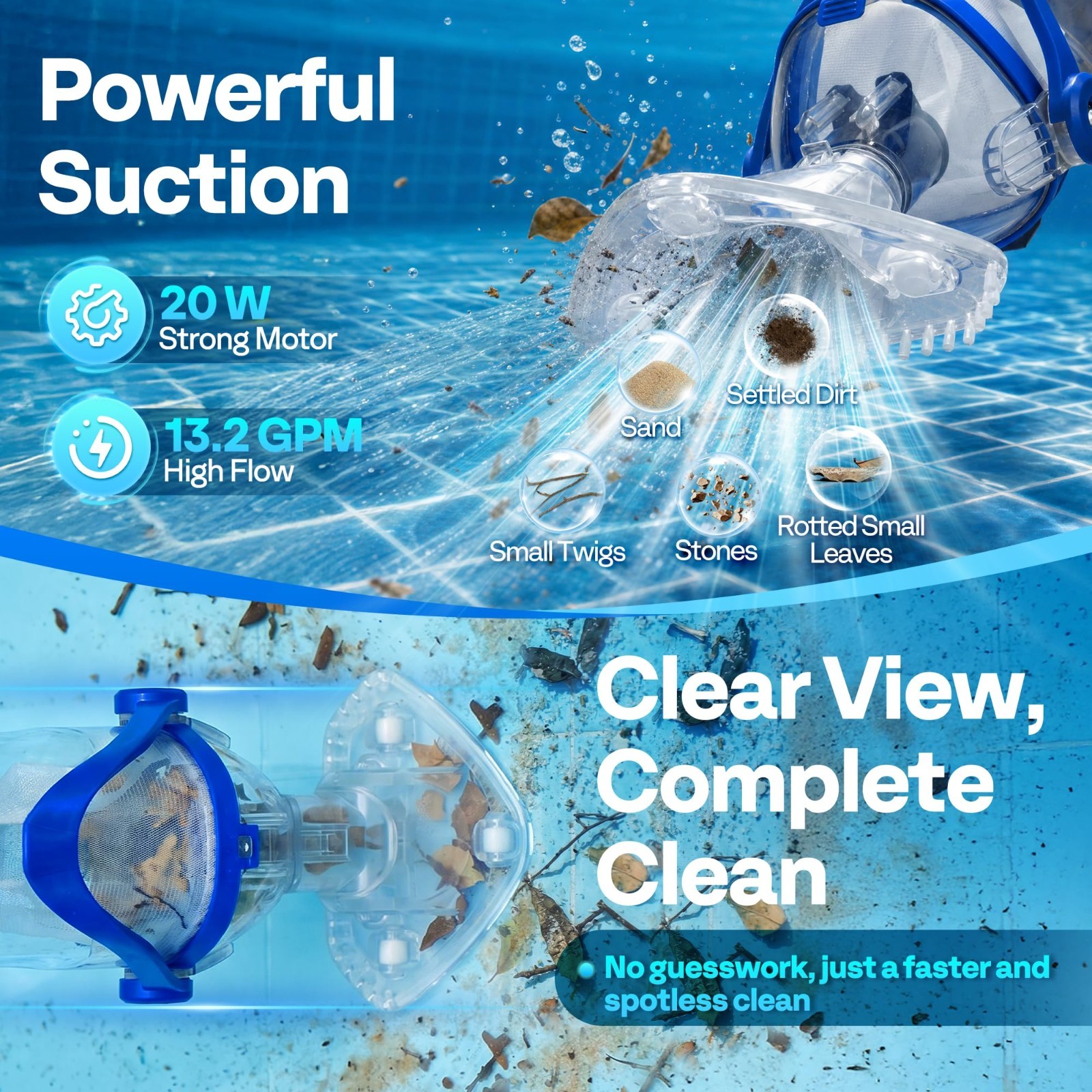 Cordless Handheld Pool Vacuum Cleaner – 13.2 GPM Suction, 60min Battery, Adjusta