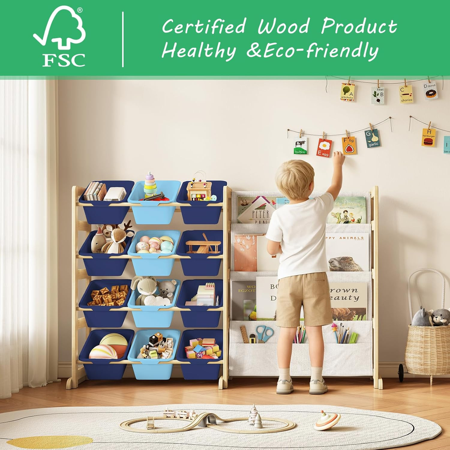 Toy Storage Organizer with Bookshelf – 12 Storage Bins 4-Tier Multipurpose Shelf