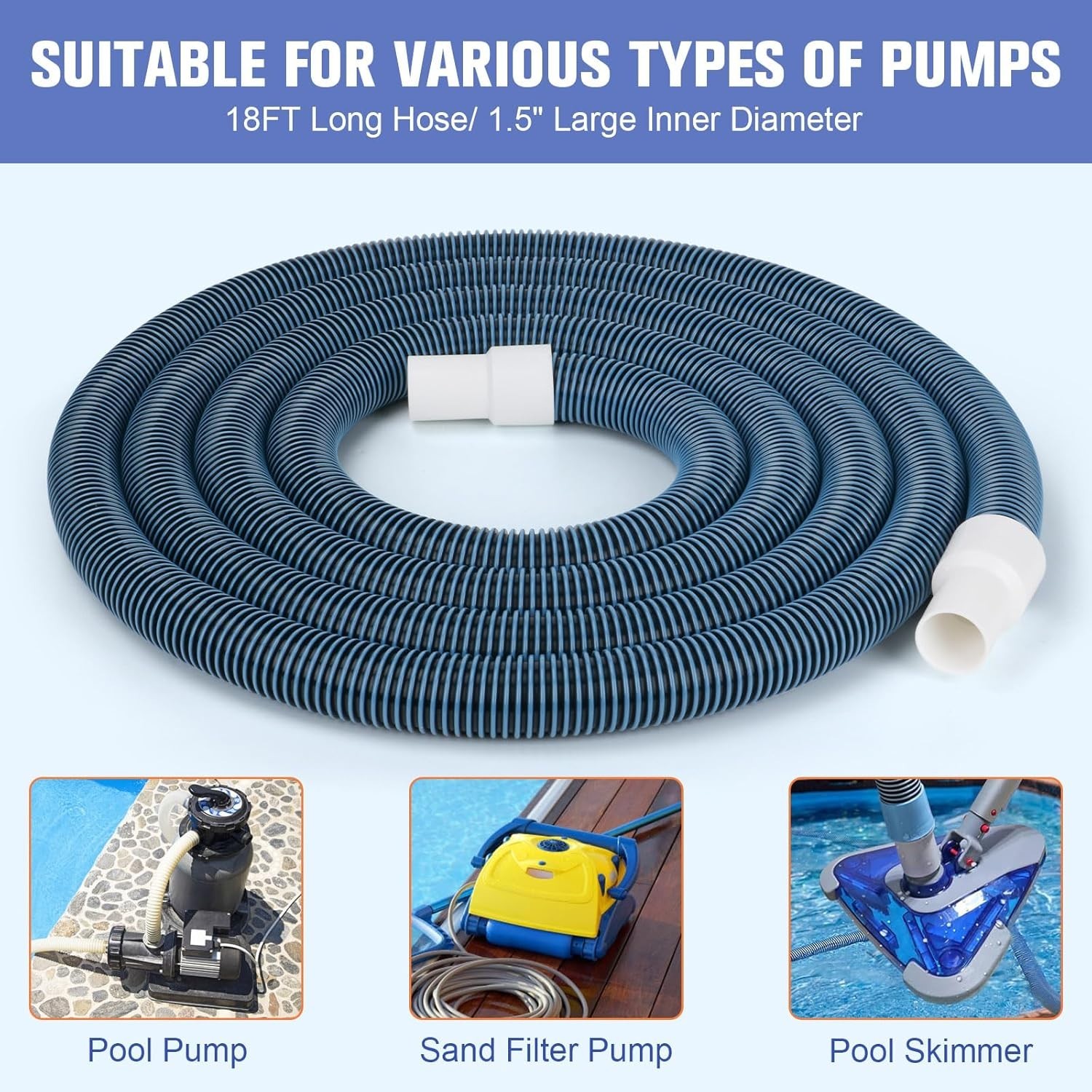 Heavy Duty 1.5 » x 18ft Pool Vacuum Hose with Swivel Cuff for Efficient Cleaning