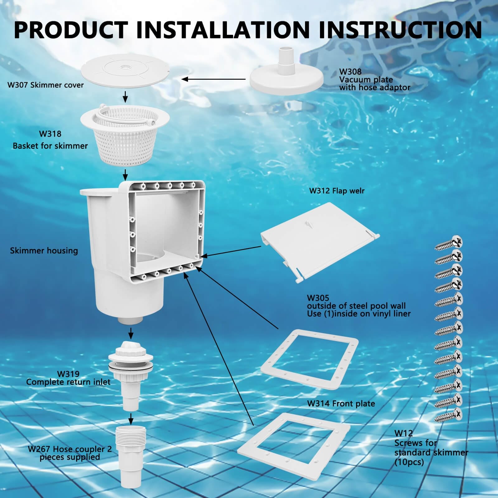 Above Ground Pool Skimmer, ABS Standard Thru-Wall Skimmer with Accessory Kit,…