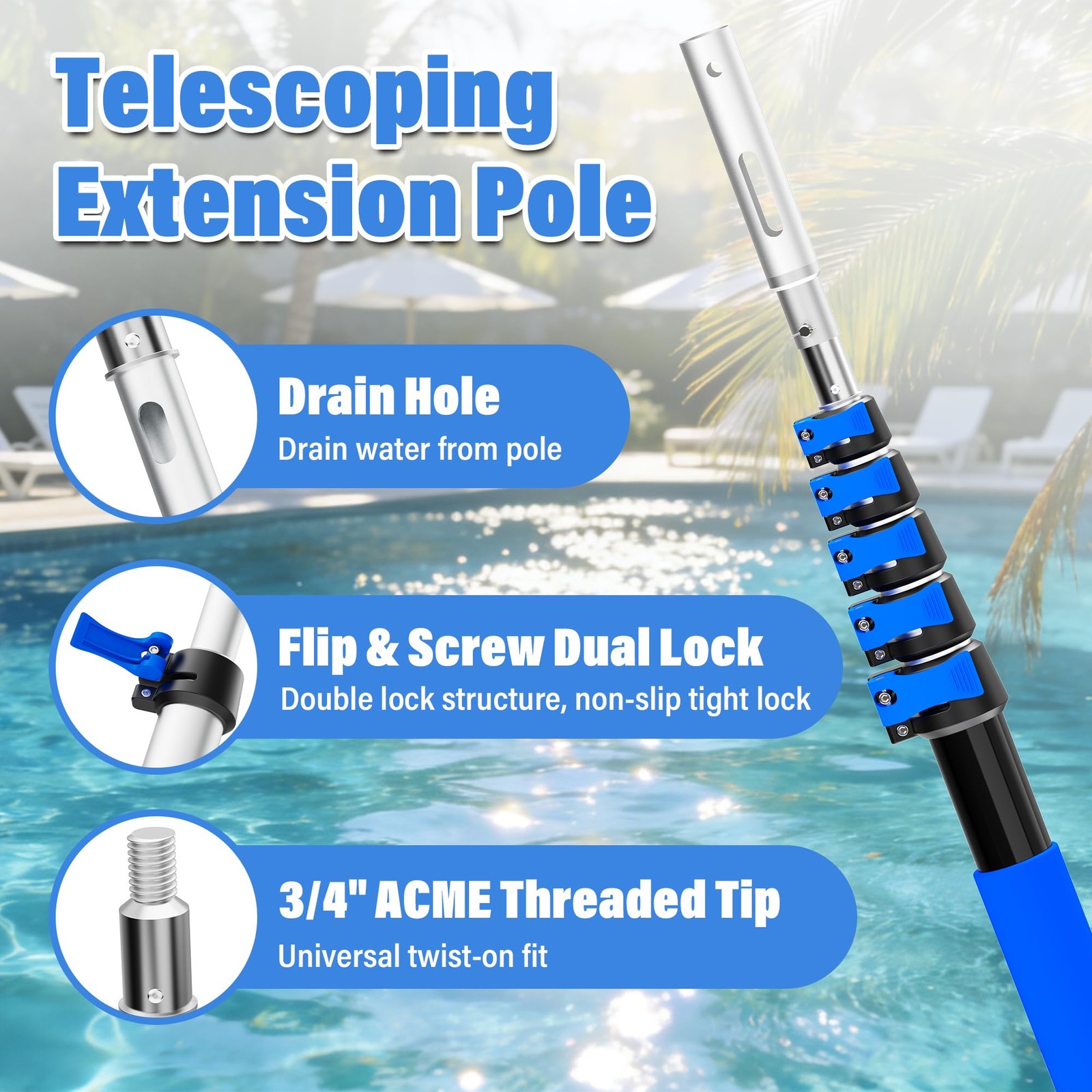 TONYINGO 5-20 FT Telescopic Pool Pole, Aluminum Alloy Extension Pole with Fli…