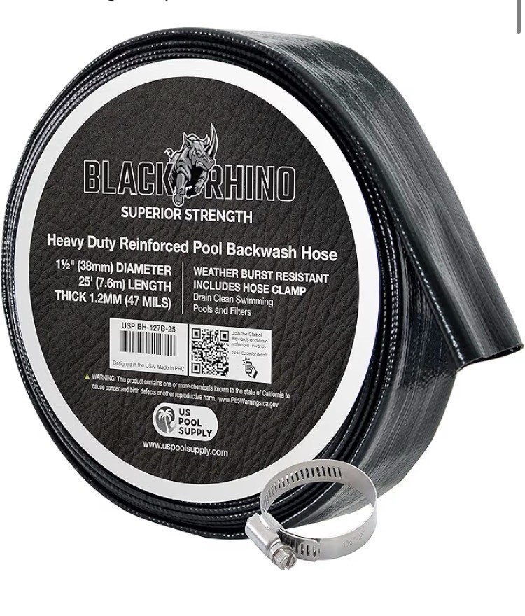 U.S. Pool Supply Black Rhino 1-1/2&Prime; x 25&prime; Pool Backwash Hose with Hose Clamp