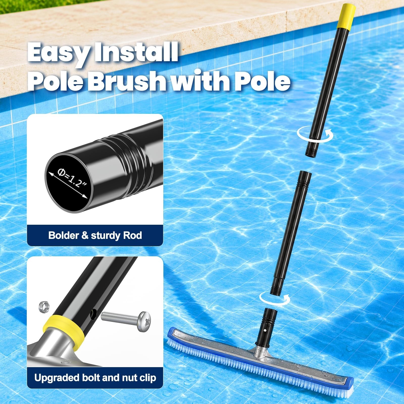 8ft Pool Brush with Pole – 18&Prime; Nylon Bristle Scrubber for Above/Inground Pools
