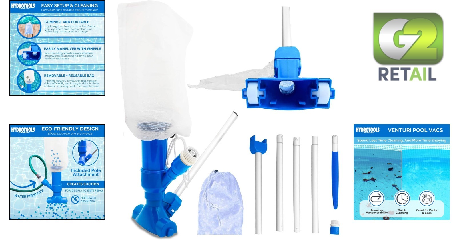 HYDROTOOLS Blue Mini Venturi Pool Vacuum – Cordless Cleaner for Spas & Above …