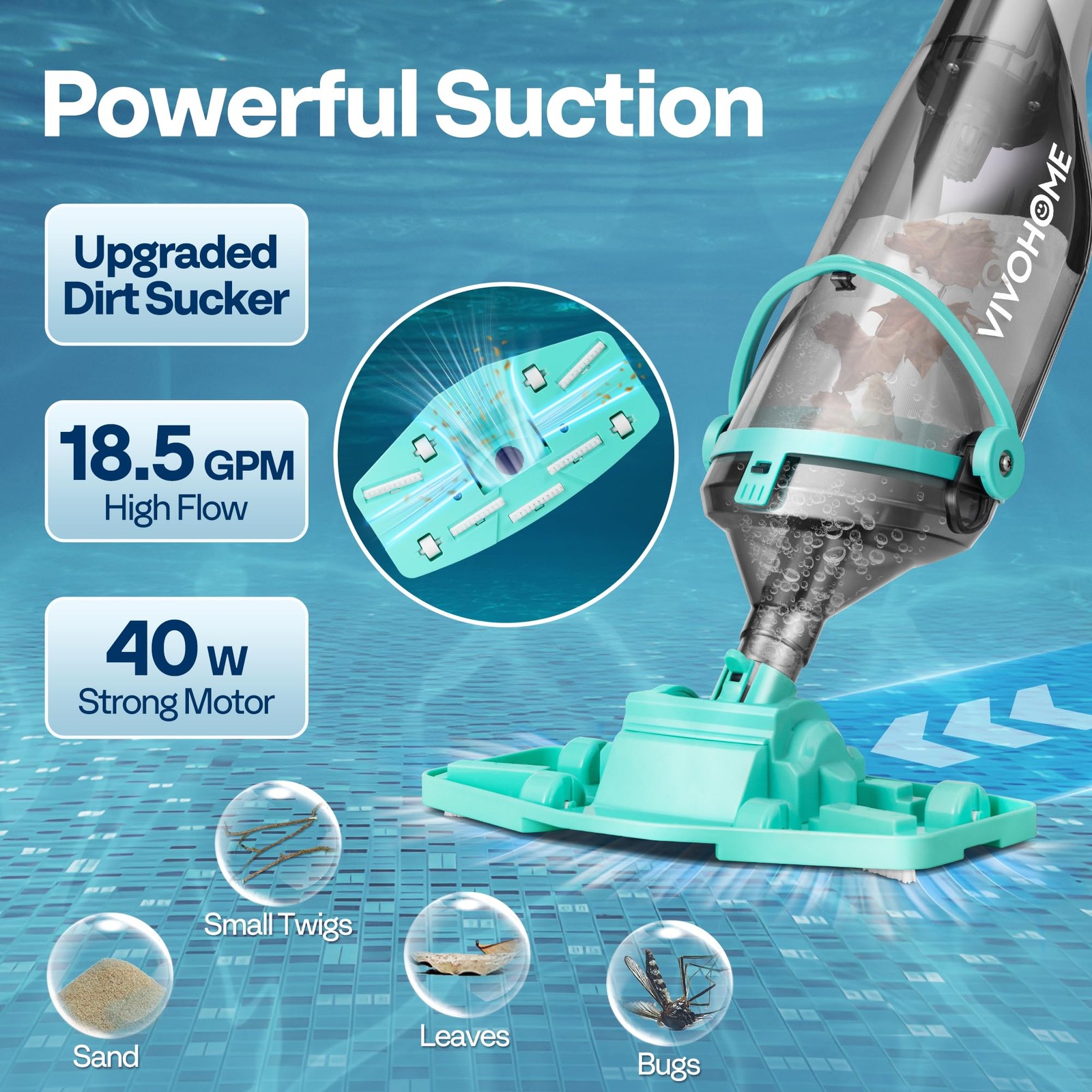 Vivohome Cordless Hot Tub Vacuum Poles 9.12Ft 18.5 Gpm Suction 60-Min Run Time