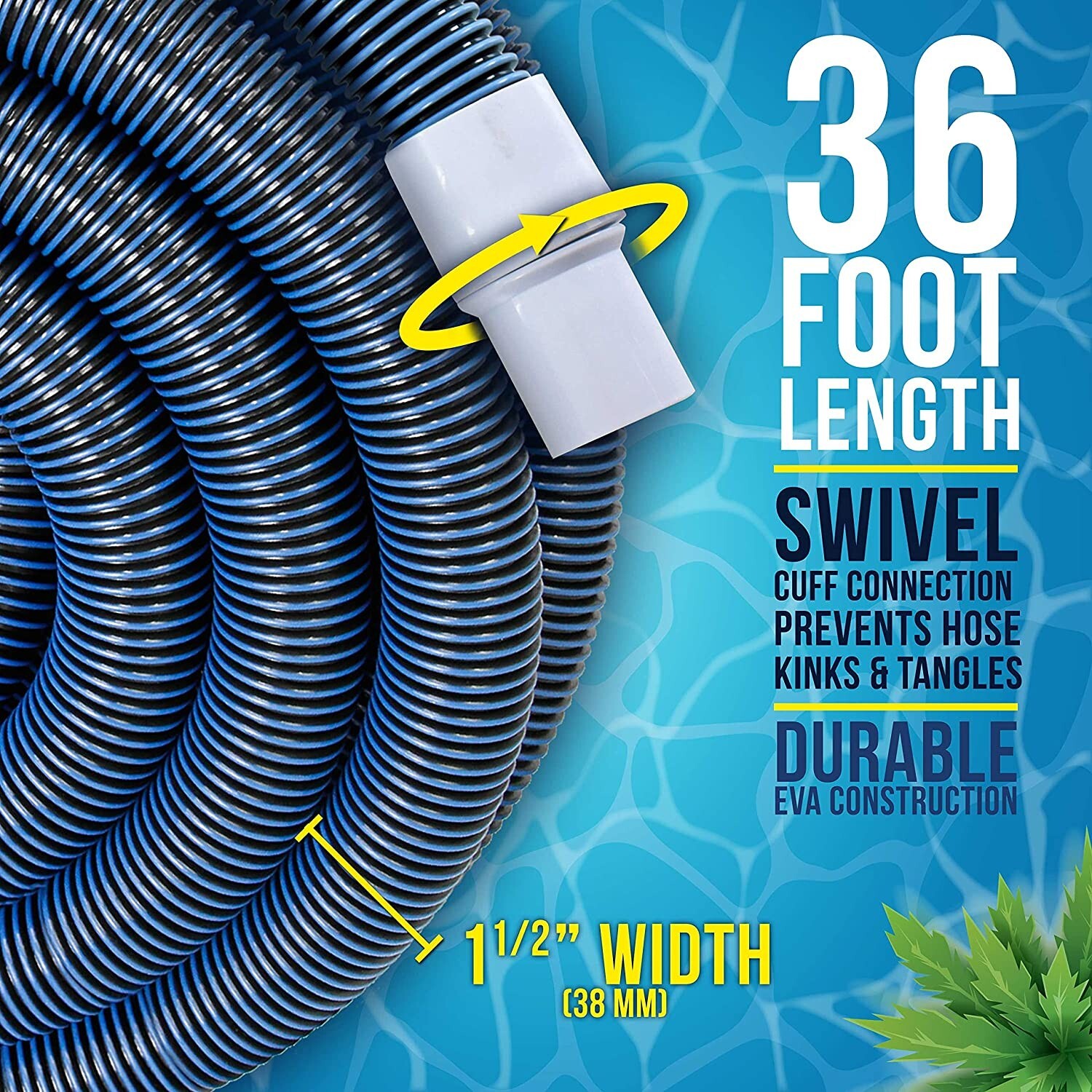 1-1/2&Prime; 36Ft Swimming Pool Vacuum Hose W/ Swivel Cuff for Filter Pumps Heavy Duty