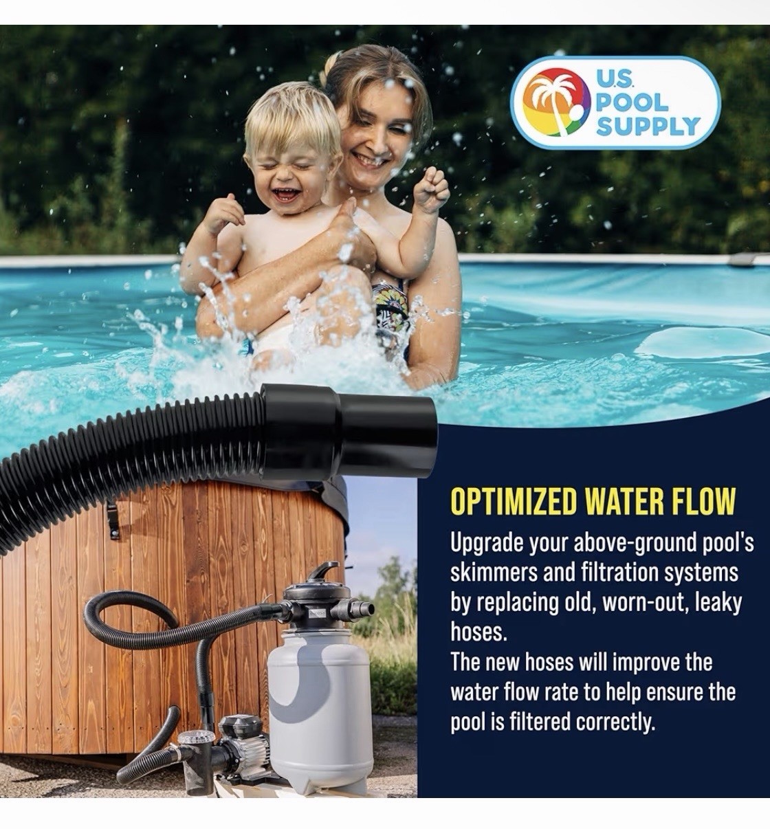 12 Foot Heavy-Duty Above Ground Pool Hose, 1.5&Prime; – Black Filter Connecting Hose