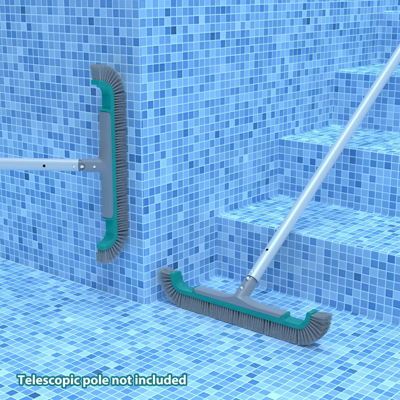 Teal & Gray 20&Prime; Curved-end Pool Brush with Extended PP Side bristles