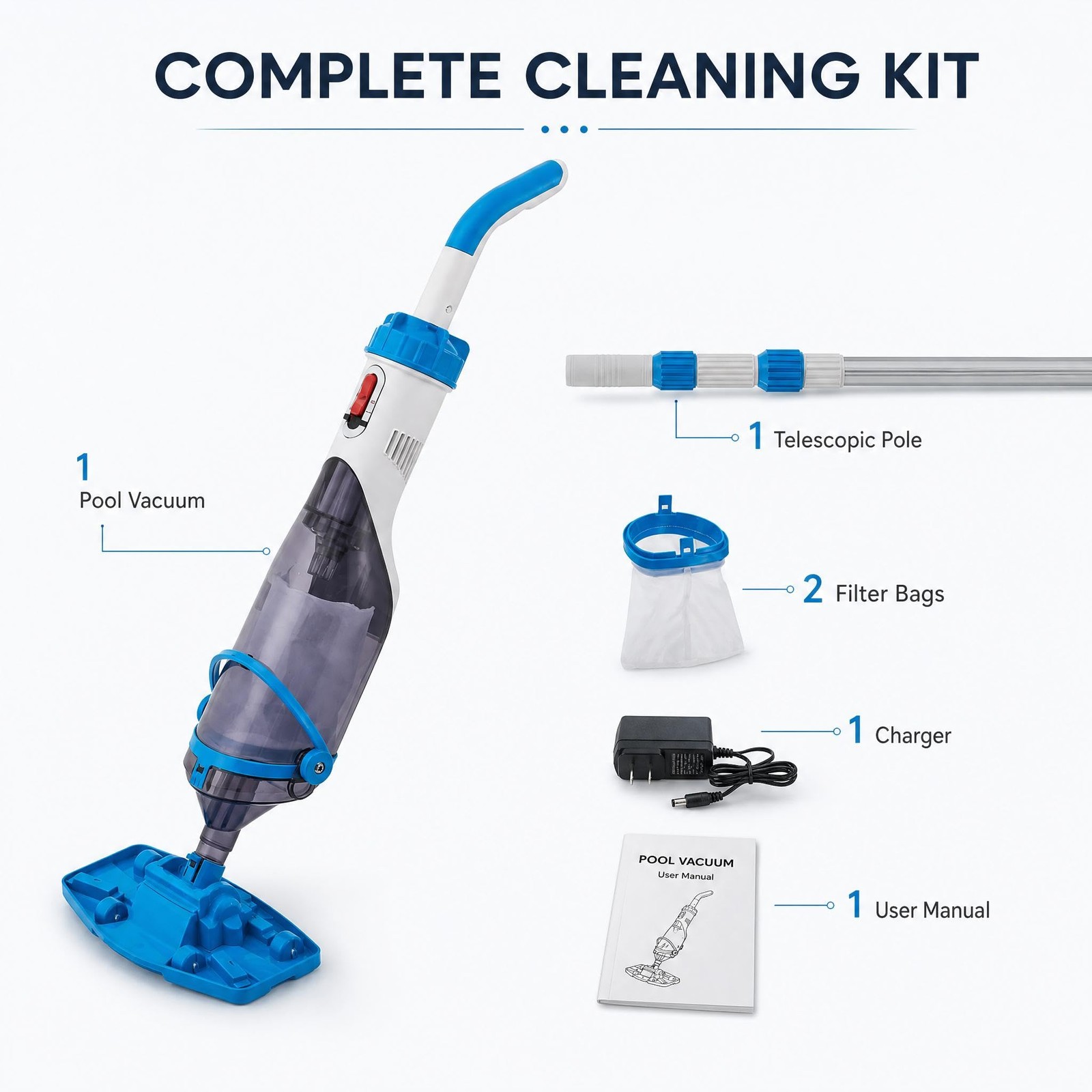 Cordless Rechargeable Pool Vacuum Handheld with Telescopic Pole for Above Ground