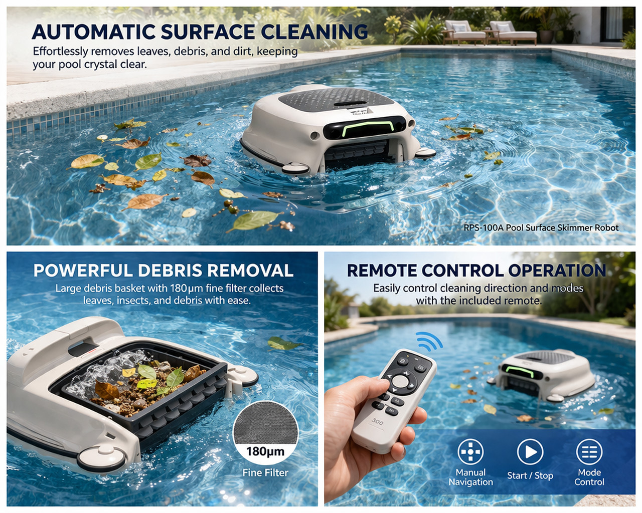 Pool Surface Skimmer Robot Automatic Pool Cleaner 2000sq.ft IPX7 Cordless Remote