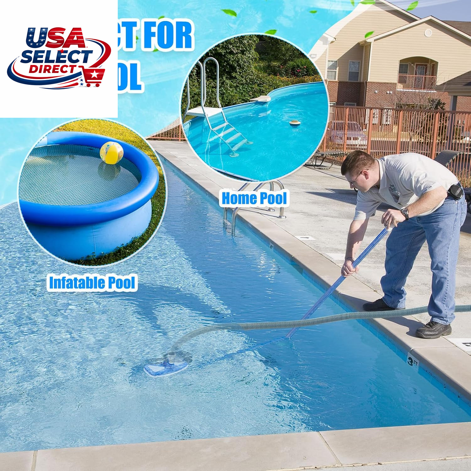 4 Pcs Pool Vacuum Kit with 11.8&Prime; Head, 29.5 Ft Hoses, Skimmer Net