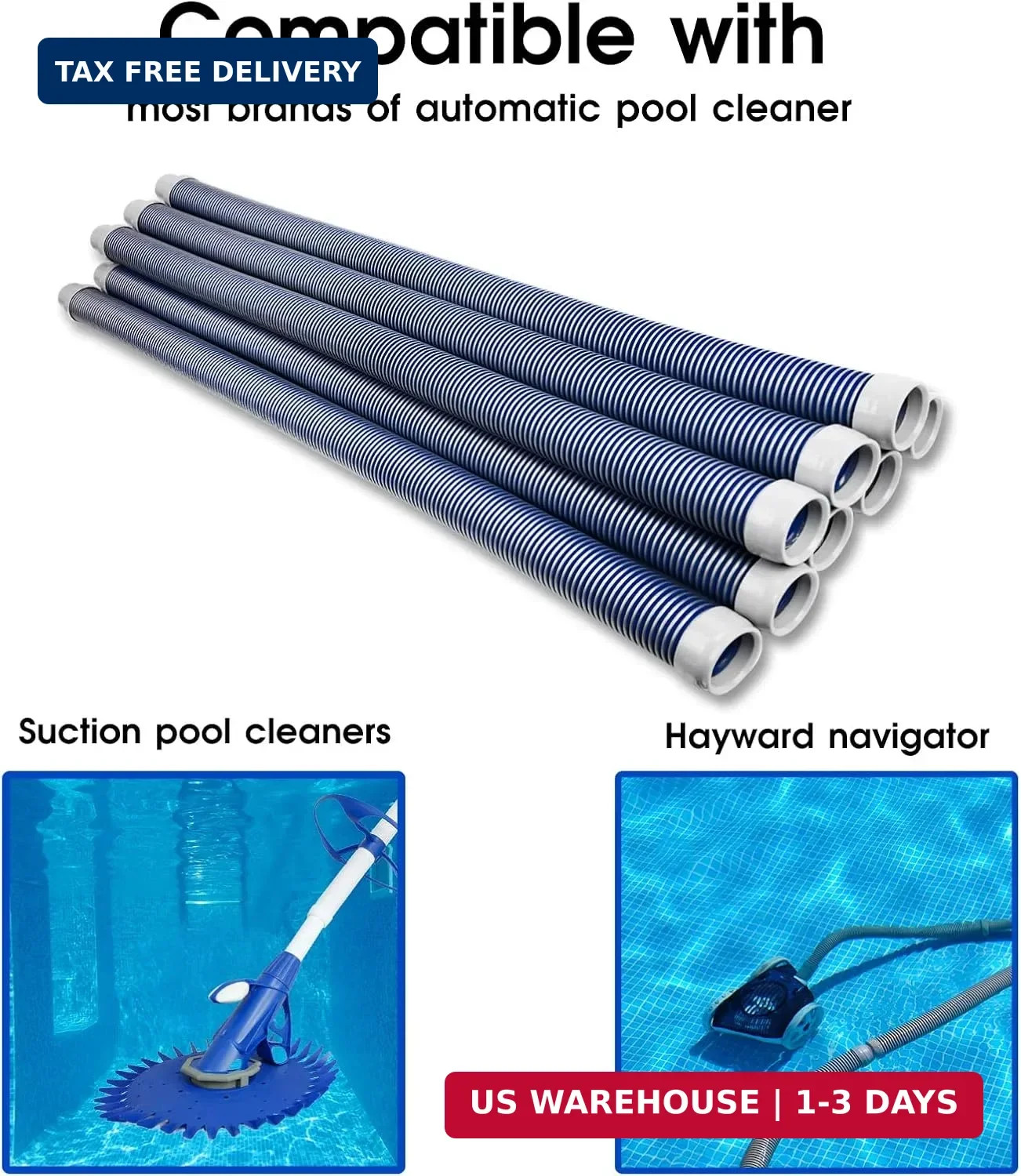 POOLWHALE Professional Swimming Pool Vacuum Cleaner Hose -1.5&Prime; 8 Piece Hoses, Pe