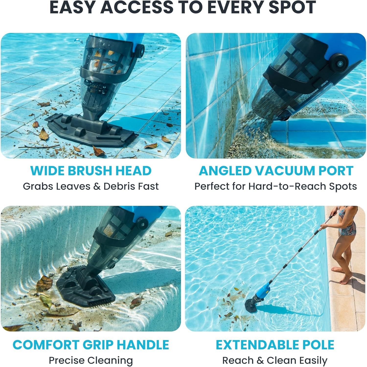 Cordless Pool Vacuum above & Inground Pools, Powerful 15GPM Suction, Handheld Po