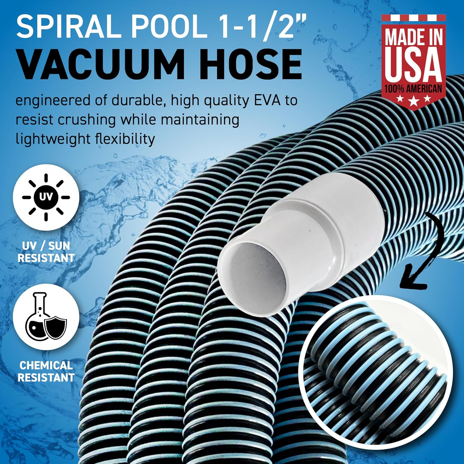 Swimming Pool Vacuum Hose 1-1/2&Prime; X 50-Ft, Swivel Cuff Kinkproof Design, Made in
