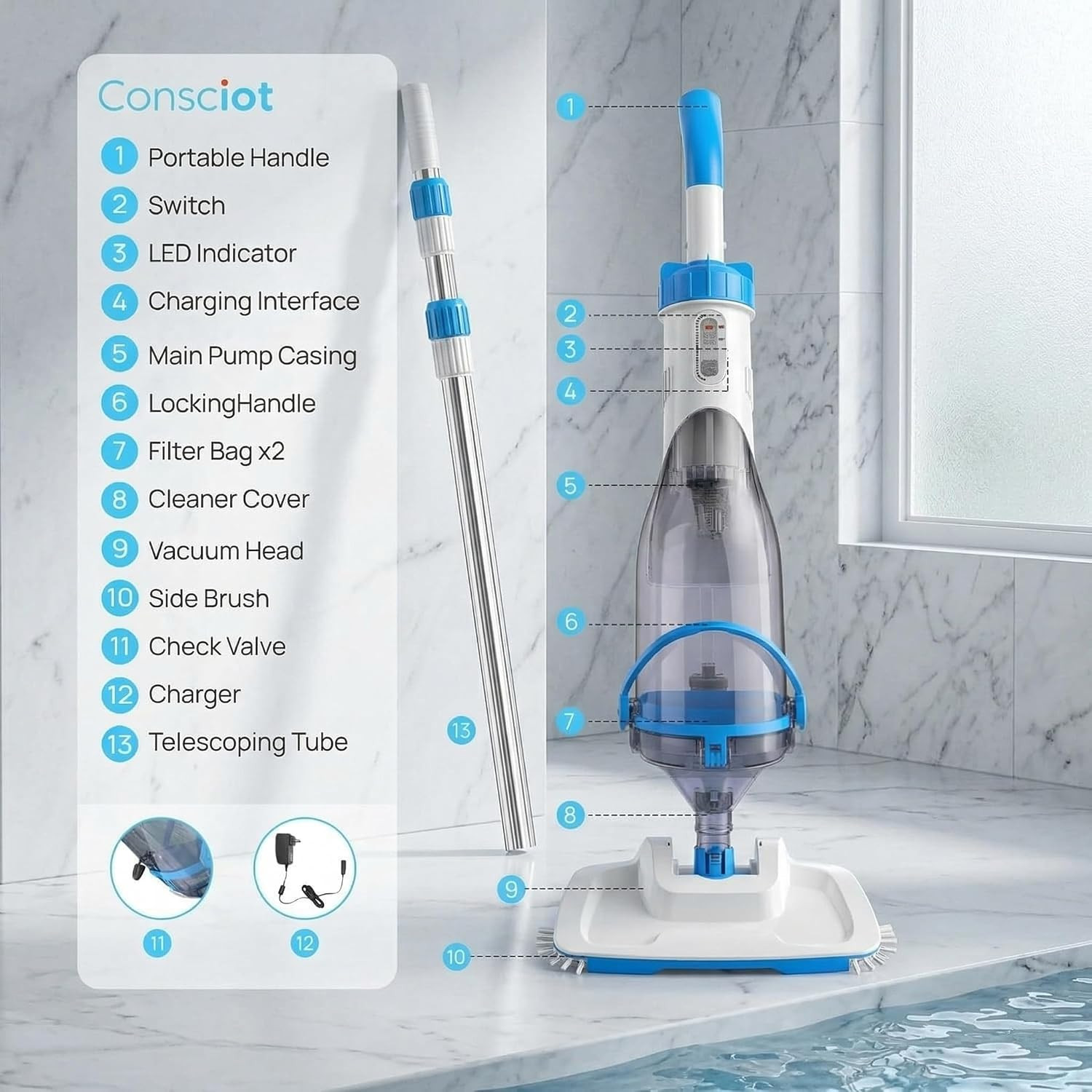 Pool Vacuum for above Ground Pool & Inground Pool, Rechargeable Handheld Cleaner