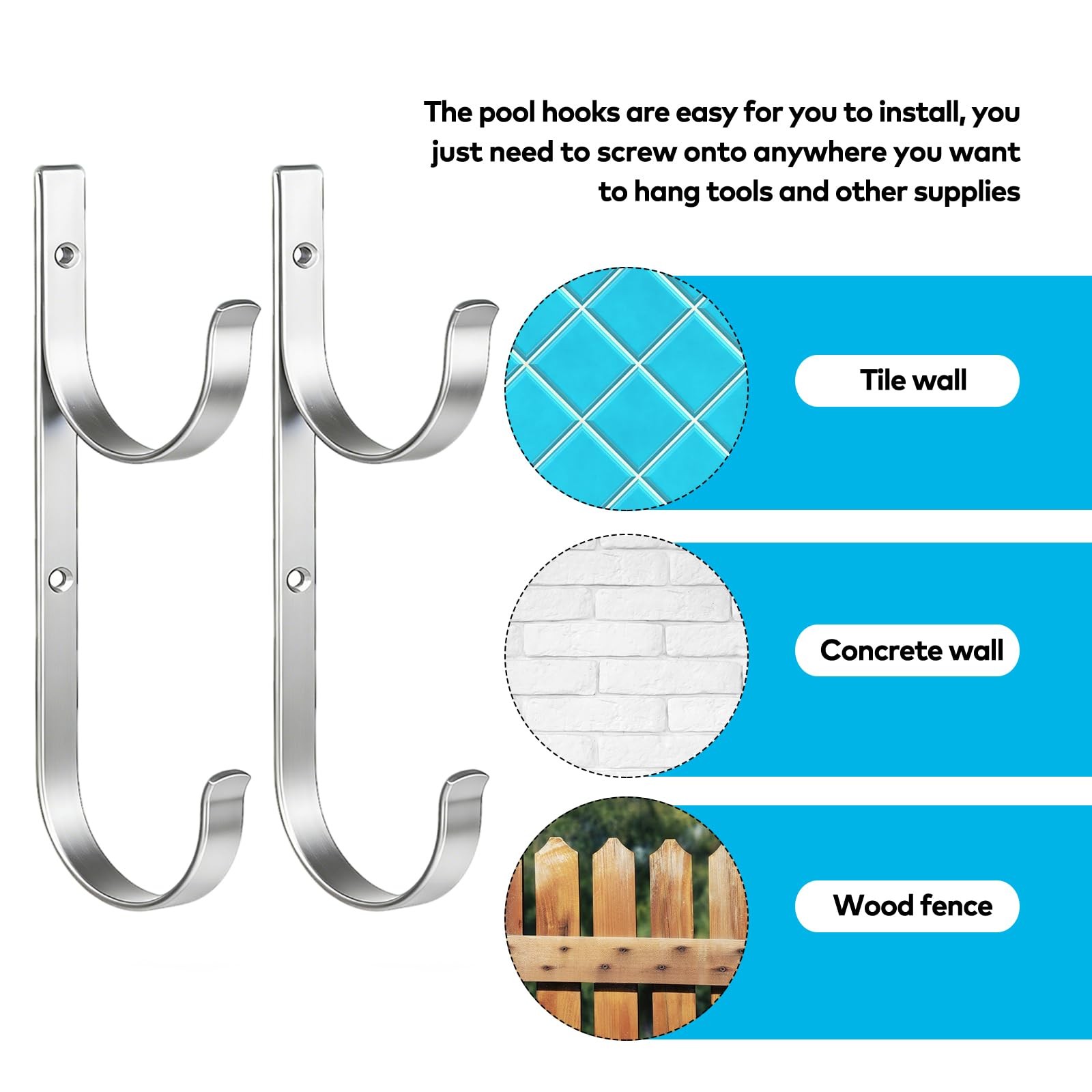 Pool Pole Hanger,4 Pcs Silver Aluminum Pool Hooks for Poles,Rakes,Skimmers,Ne…