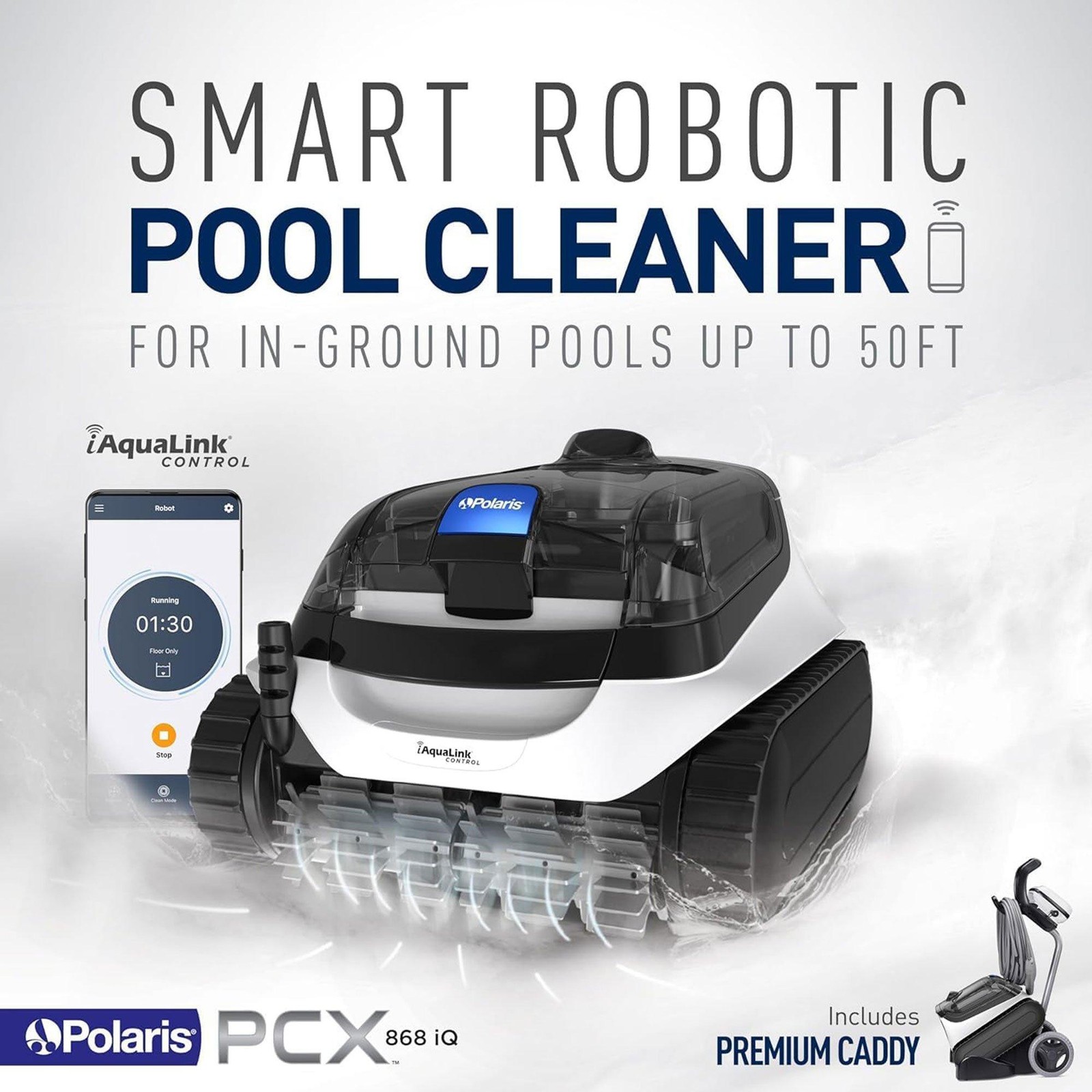 The Polaris PCX 868 iQ Robotic Pool Cleaner With iAquaLink app control and Caddy